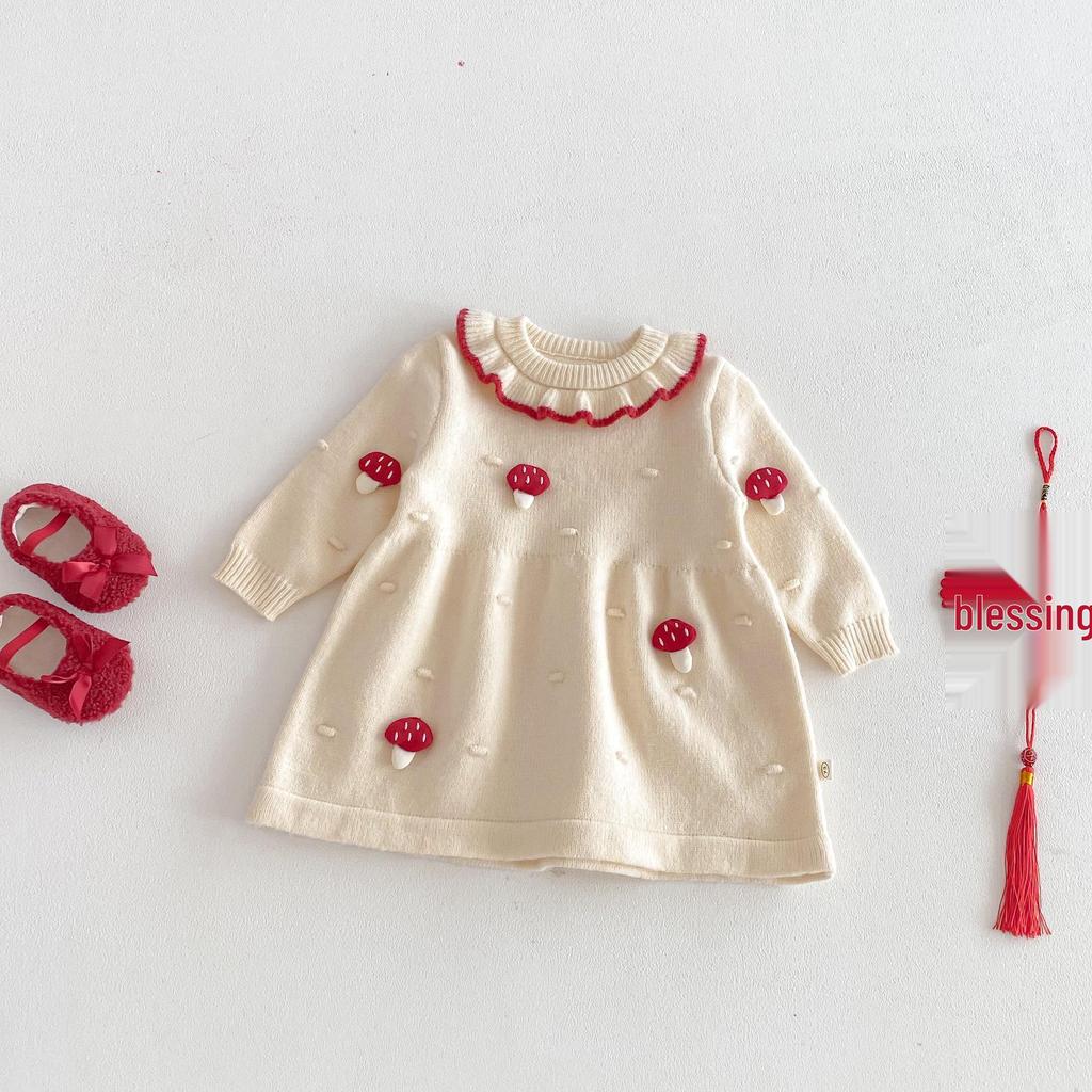2025 Winter Baby Girls' 3D Mushroom Knit Dress – Chinese New Year & 1st Birthday Outfit