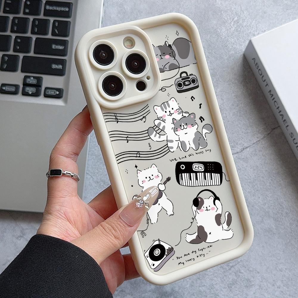Happy Kitty Musician Protective Funda Phone Cases For iPhone 17 16 15 13 12 11 ProMax Pro Plus Shockproof coque phone Bumper