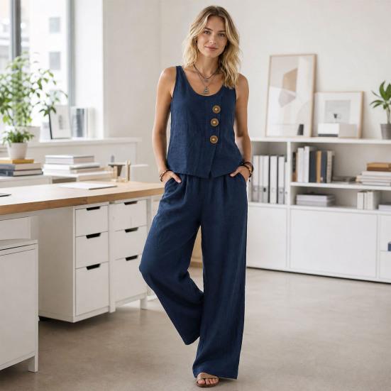 Yousheng Sleeveless 2 Piece Sets for Women, Buttons Crew Neck Tank Top And Wide Legs Pants Matching Sets, Summer Loose Lounge Outfits
