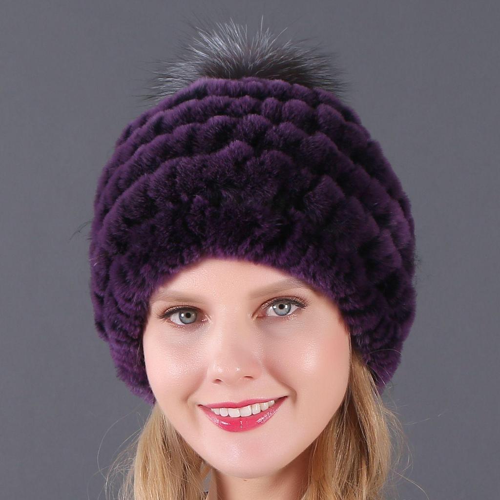 Women's Fur Hat with Rex Rabbit and Fox Fur Pompon for Autumn and Winter