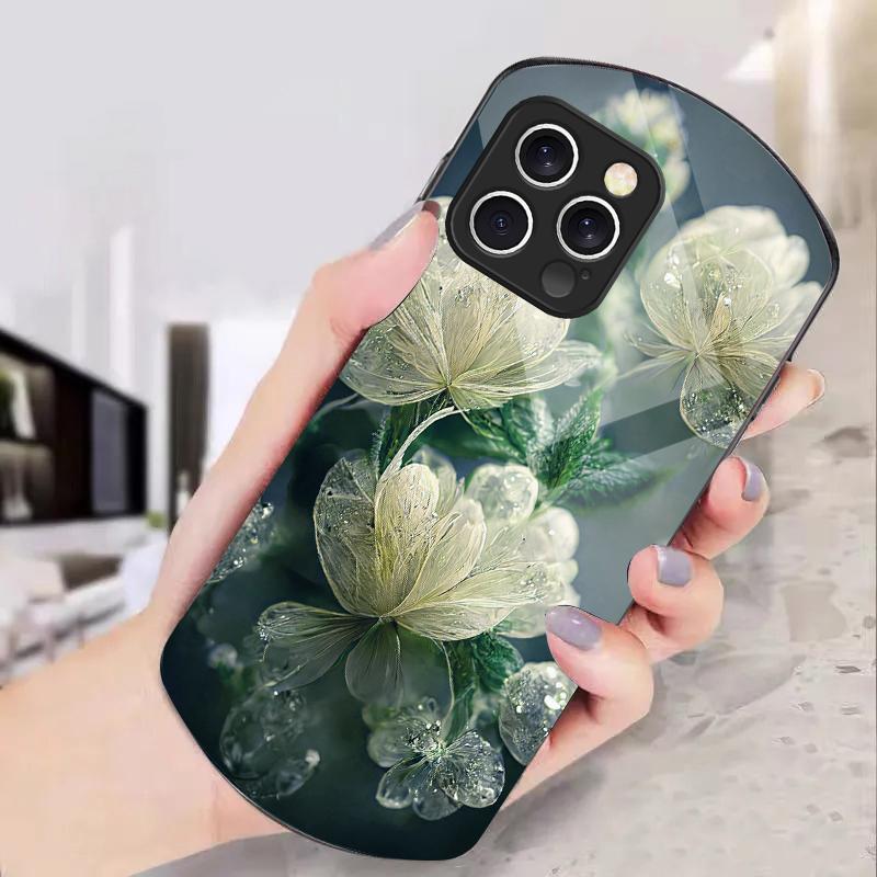 Pink Crystal Flower For iPhone 16 15 14 13 Plus 12 Mini 11 Pro Max XR Xs X 7 8 6 6S 2022 Elliptical Tempered Glass Phone Case