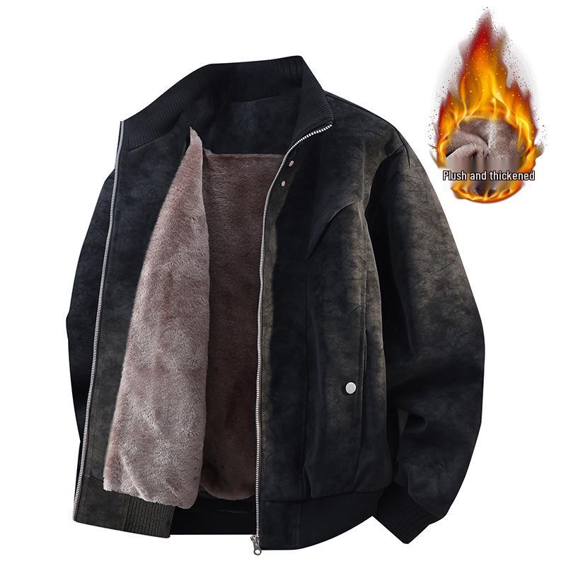 Men's Plus Size Fleece Lined Leather Baseball Jacket