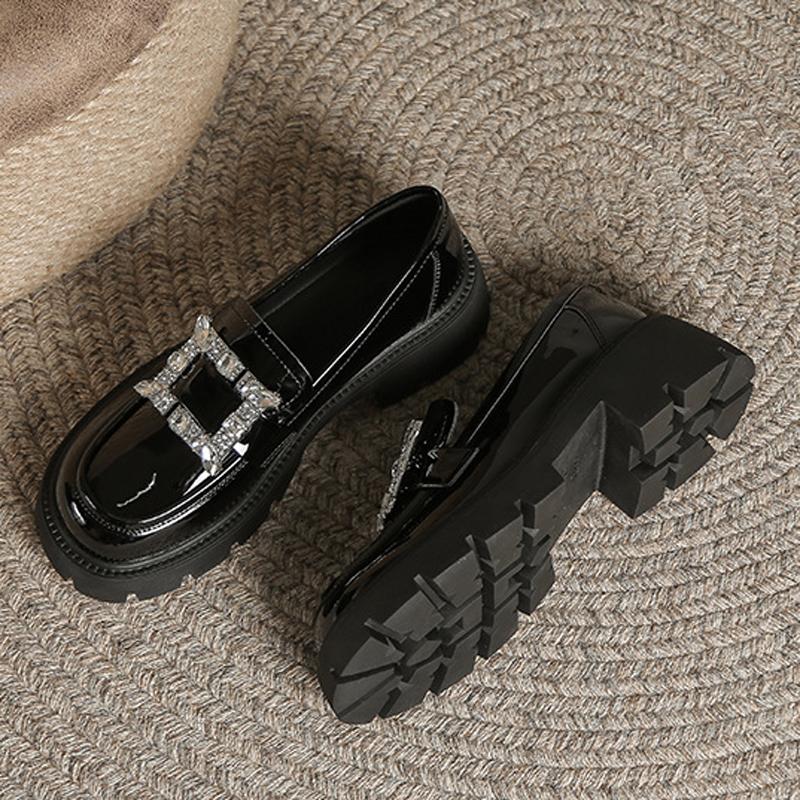 Mode Plateau-Loafer mit dicker Sohle Damen Glitzernde Kristall-Flats Kleine Lederschuhe Damen Klobige Absätze Oxfords Uniform JK Sneaker