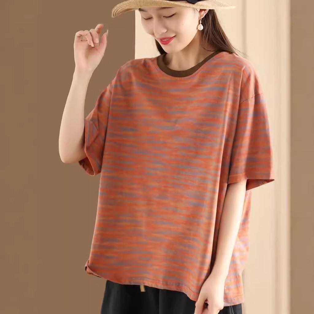 New Style of Literary Retro Women's Short-sleeved T-shirt In Summer Loose Pullover Striped Versatile Casual Belly Covering Top