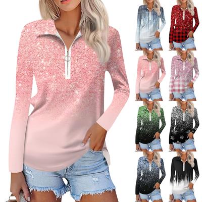 Women's Spring And Autumn Fashion Casual  Printed Zipper V-Neck Long Sleeve Shirt Tops
