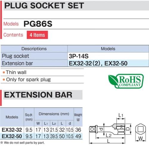 TONE plug replacement set (for horizontally opposed engines) PG86S Drive angle 9.5mm (3/8") Width across flats 14mm Contents: 4 items