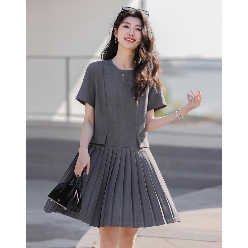 Demana Casual Style Women's Round Neck Pleated A-Line Midi Dress with Pockets