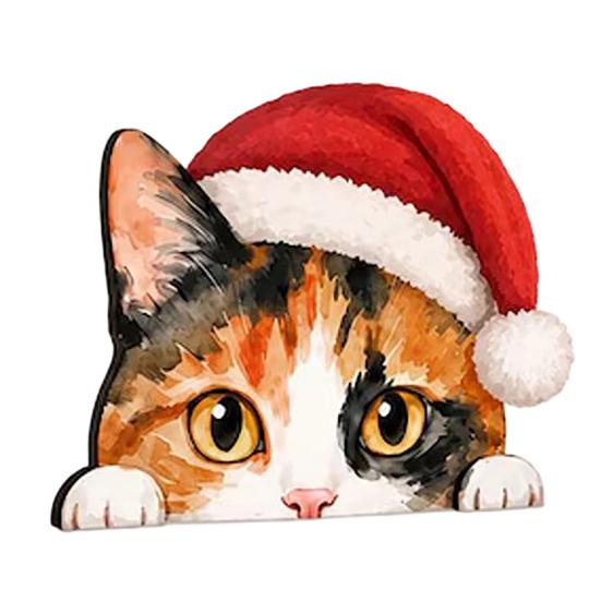 Christmas Table Centerpiece Cute Cat Shelf Sitter, Wooden Hat Peeking Desk Figurine, Funny Animal Desktop Background Ornament Sign, Lover Gift