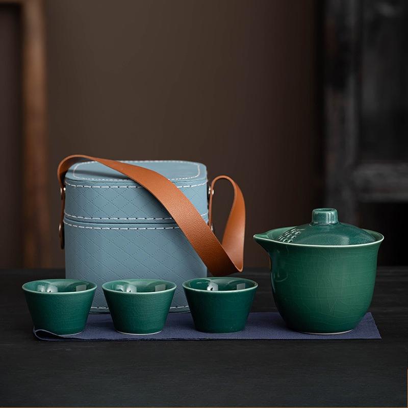 Ru Ofen Reise-Teeset Ein Kännchen Drei Tassen Praktisches Keramik-Kuaike-Tassenset für Draußen Geschäftsveranstaltungsgeschenke