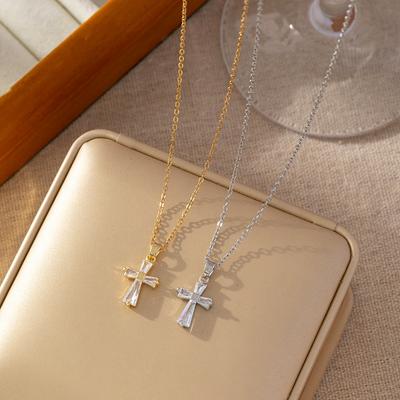 Micro Paved Titanium Steel Cross Pendant Necklace For Women Stylish Versatile Delicate Collarbone Chain