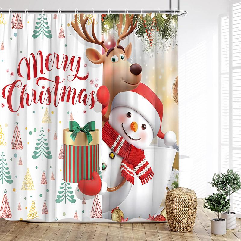 Cute Christmas Snowman Shower Curtain Winter Forest Xmas House Cedar New Year Home Bathroom Decoration Bath Curtains With Hooks