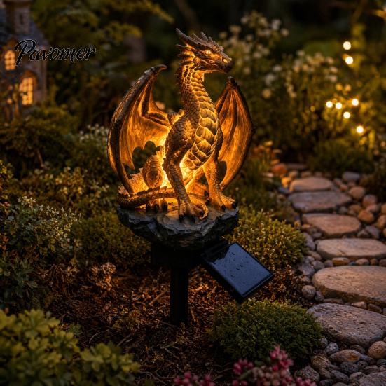 Fantastyczna Rzeźba Ogrodowa ze Światłem Smoka, Solarna Lampa Ogrodowa, Zewnętrzna Gotycka Średniowieczna Statua Lampy, Wodoodporna do Dekoracji Patio Trawiastego Żywicą, Chodnika