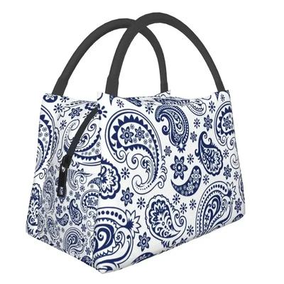 Blau und Weiß Vintage Paisley Stil Isolierte Lunchtasche für Frauen Auslaufsicher Blumenmuster Kühltasche Thermische Lunch-Tragetasche
