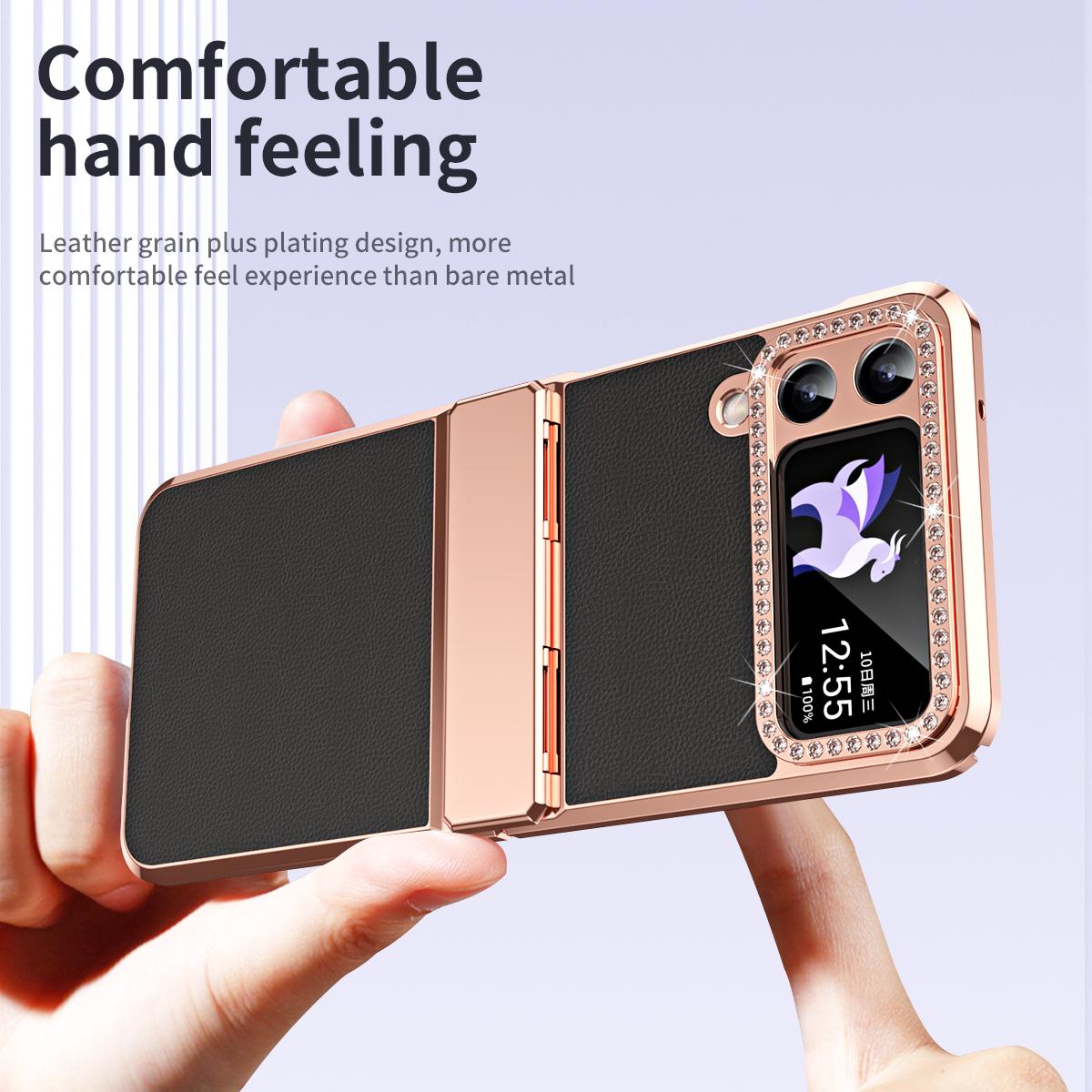 

For Samsung Galaxy Z Flip4 5G Hinge Protection Phone Case PU Leather+PC Electroplating Cover Black