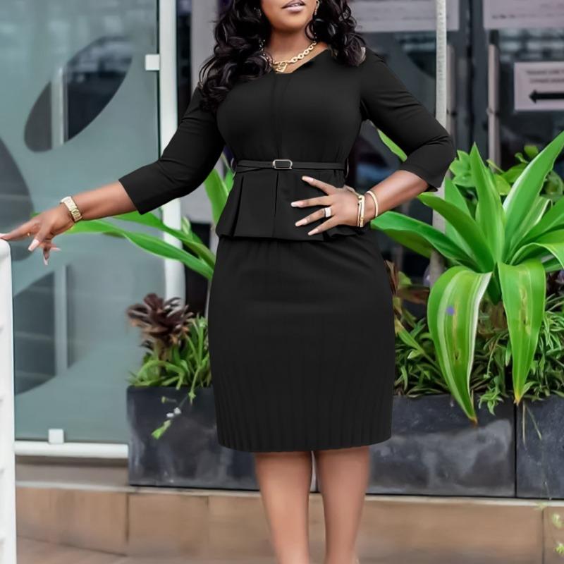 Women V Neck High Waist Solid Pencil Midi Office Commuting Dress