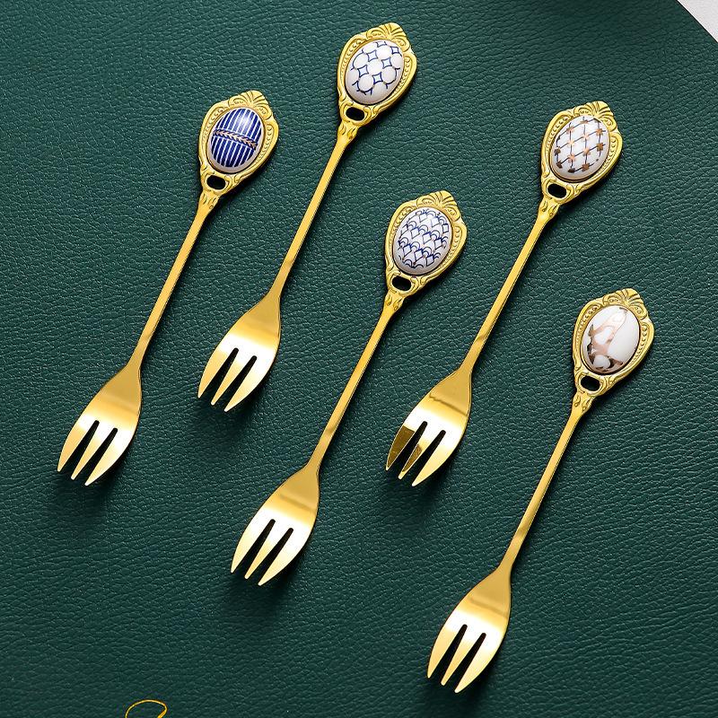 Stainless Steel Spoons Inlay Ceramic Coffee Ladles, Vintage Gold Plating Dessert Spoon, High-class Cake Scoops, Christmas Gift