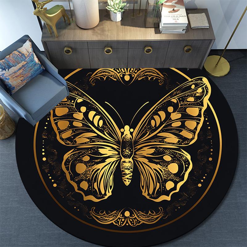 Golden Butterfly Round Area Rug,Carpet Rug for Living Room Bedroom Sofa Playroom Decor,Non-slip Floor Mat