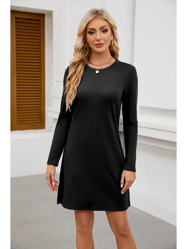 2024 Women's Casual Long Sleeve Slit Hem Dress with Round Neck