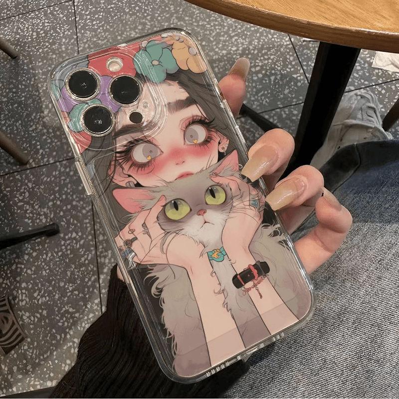 Suitable for iPhone 15 phone case iPhone 14/13 promax soft anti drop Plus cat hugging girl