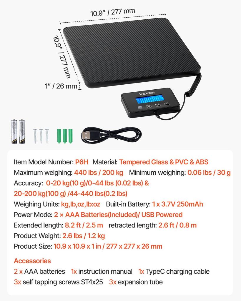 Digital Postal Scale, 10 g/100 g Dual Accuracy, 200 kg Commercial Weight Scale with Hold/Tare Function & LCD Display, Fit for Packages, Postage,