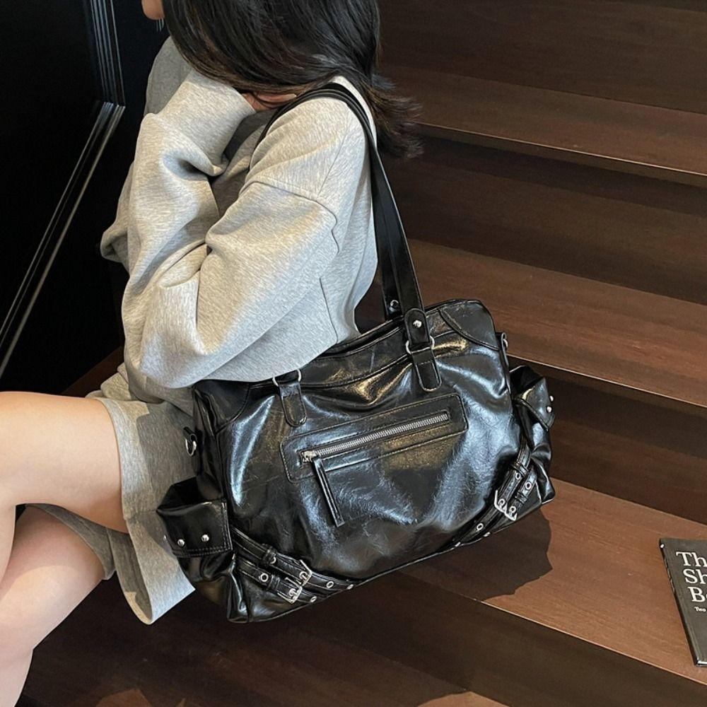 New Large Capacity PU Leather Tote Bag Soft Interior Zipper Closure Shoulder Bag Y2K Style Motorcycle Bag Daily Use