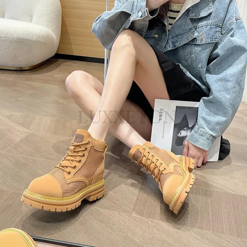 Модные желтые ботинки из натуральной кожи с выемками для женщин — фото 4