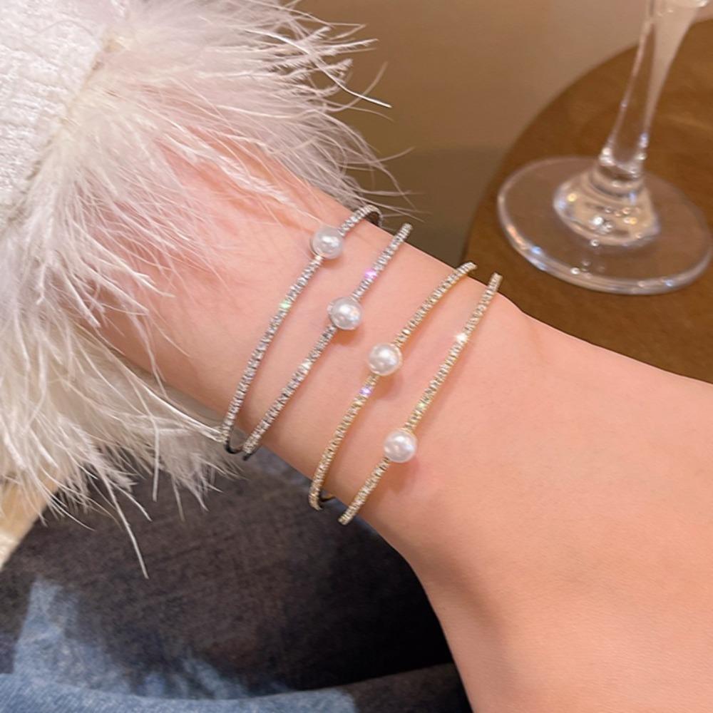 Bridal Jewelry Rhinestone Bracelet Double-layer Wrist Ornament Simple Opening Bangles  Ladies