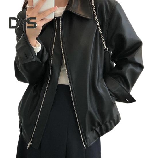 

Женская куртка из искусственной кожи с гладкой поверхностью, отложным воротником, застежкой-молнией, эластичным подолом, длинными рукавами, мотоциклетное пальто, верхняя одежда для путешествий XXXL чёрный