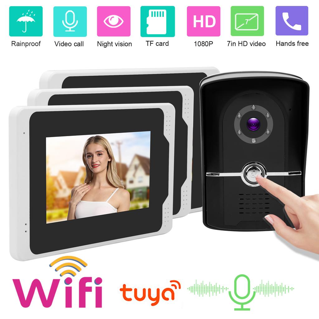 Wifi Video Doorphone 1080P HD 7in TFT LCD Display 3 Monitors Remote Monitoring 110 degrees  Night Vision