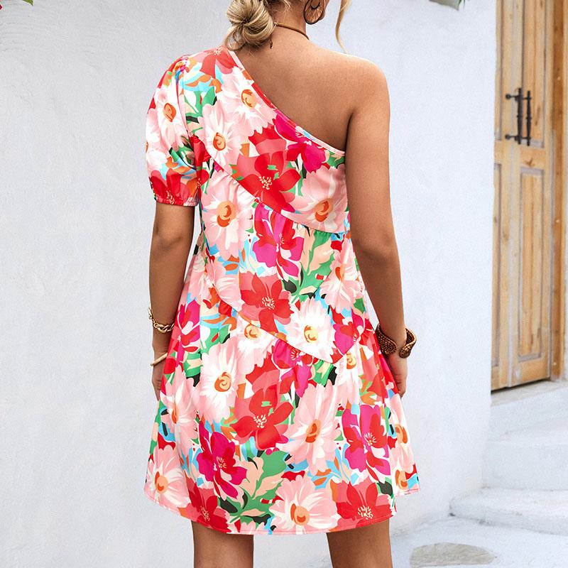 Women Summer One Shoulder Flower Printing One Piece Dress