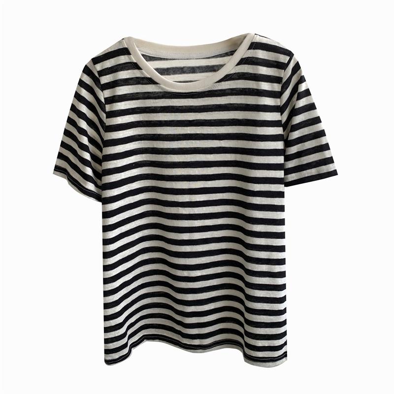 2025 Summer Women's Striped Cotton-Linen Short-Sleeve Round Neck Top, Korean Style