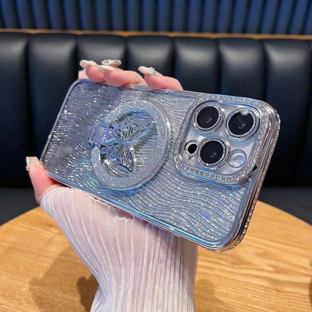 Rhinestone Edge Glitter Butterfly Magnetic Suction Bracket Is Suitable for Apple 17PRO Anti-drop Mobile Phone Case iPhone16 Protective Case.