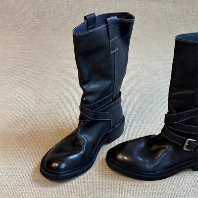Cowhide Edition~ Retro Belt Buckle Medium Boots Thick-soled Western Cowboy Boots Skinny Fried Street Short Boots Female Knight Boots