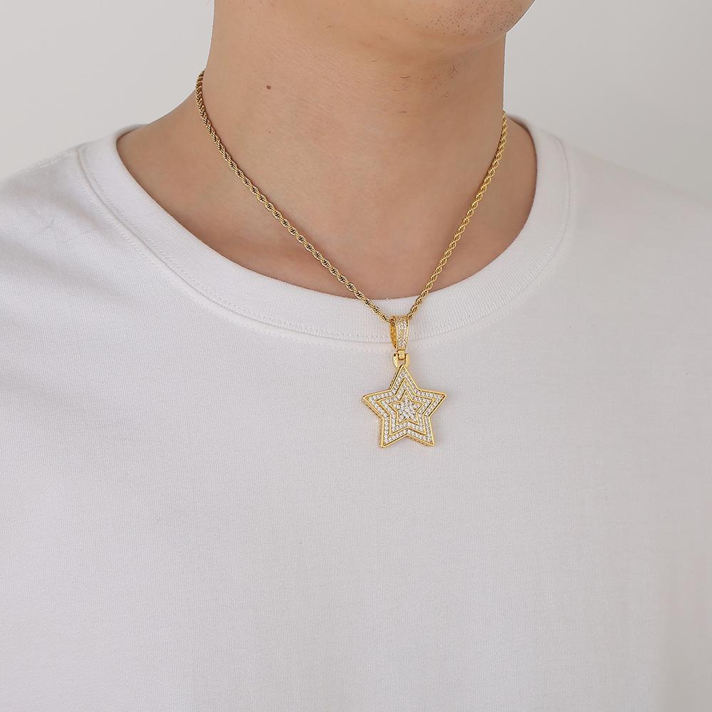 European and American Hip-hop Necklace, Three-layer Five-pointed Star Copper Inlaid Zircon Couple Pendant Neck Chain, Hipster Street Pendant.