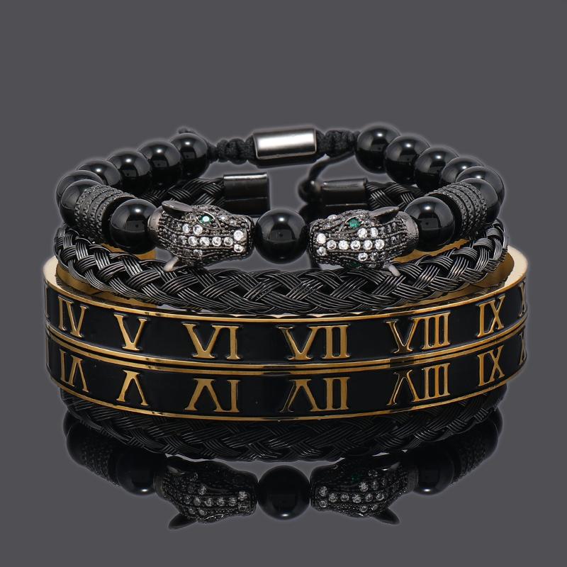 Luxury Black Stone Beads Leopard Head Man Bracelet Enamel Stainless Steel Roman Bangles Women Jewelry 3 pieces make a set