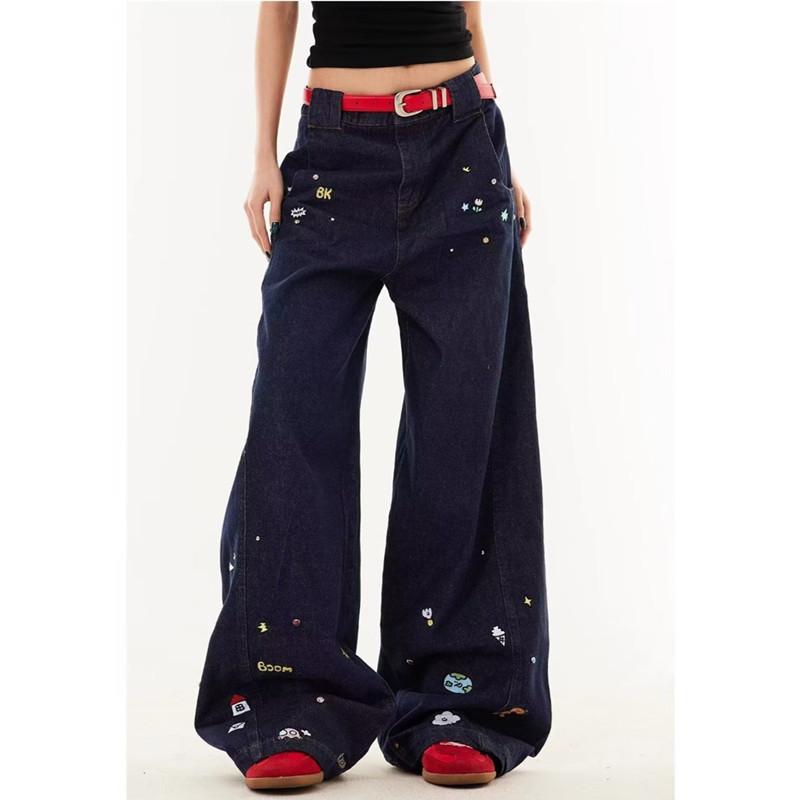 College style American retro cartoon jeans men and women loose couple straight washed wide-leg casual pants men