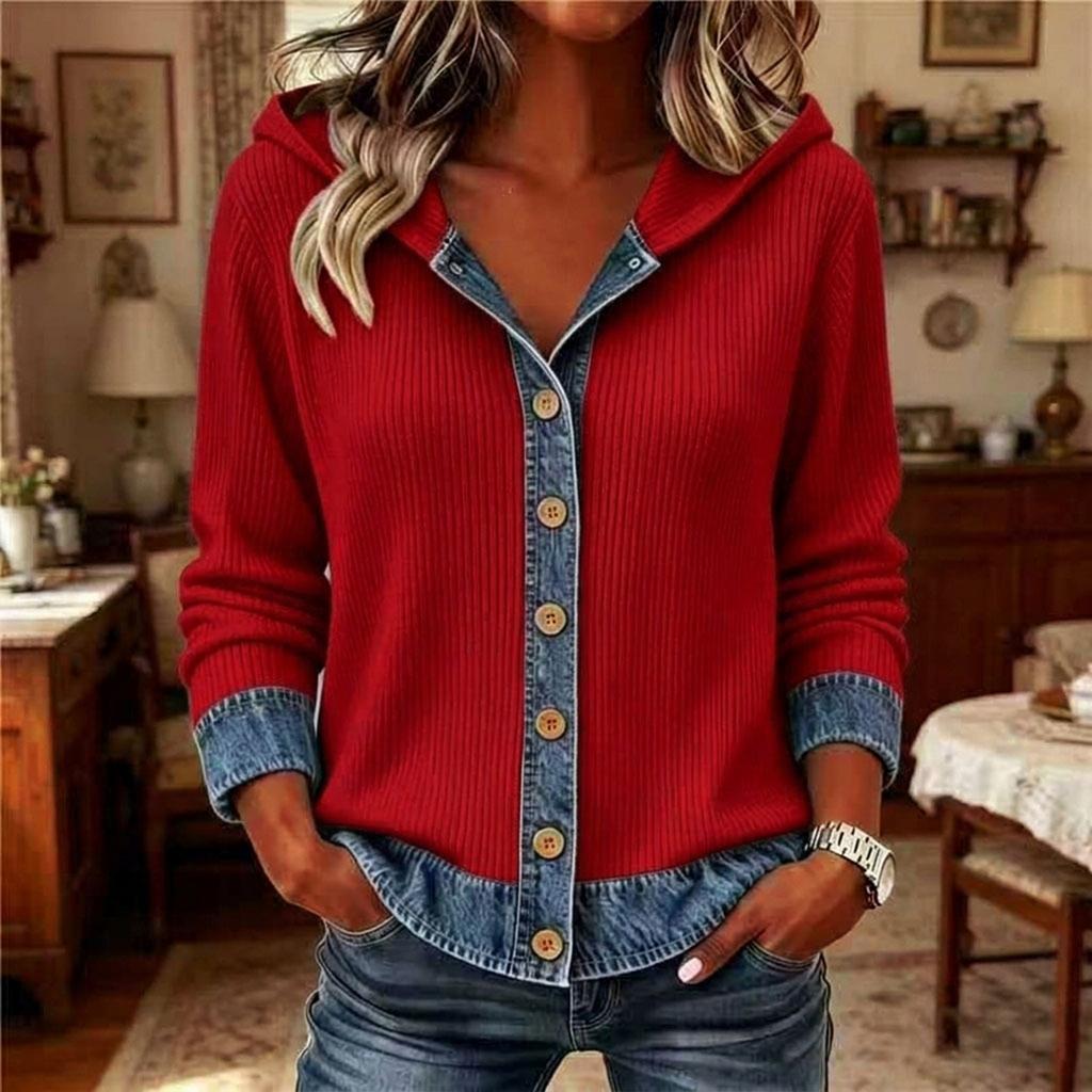 Women's Casual Denim Patchwork Hooded Knit Button Front Jacket