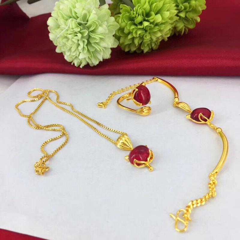 Gemstone Fox Copper Gold-Plated Jewelry Set: Includes Imitation Gold Bracelet, Necklace, and Ring for Women - Versatile Accessory Collection