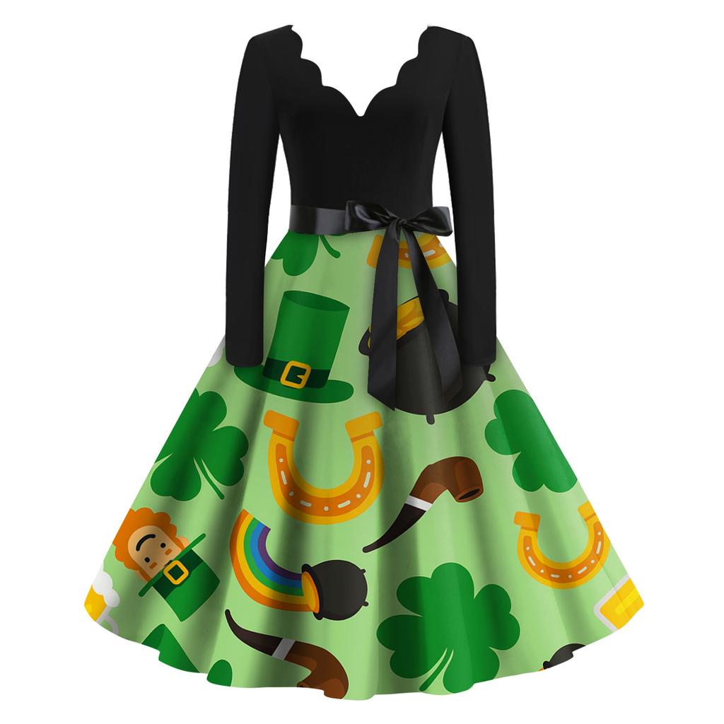 Damen Freizeitmode Bedrucktes V-Ausschnitt Retro Langarmkleid