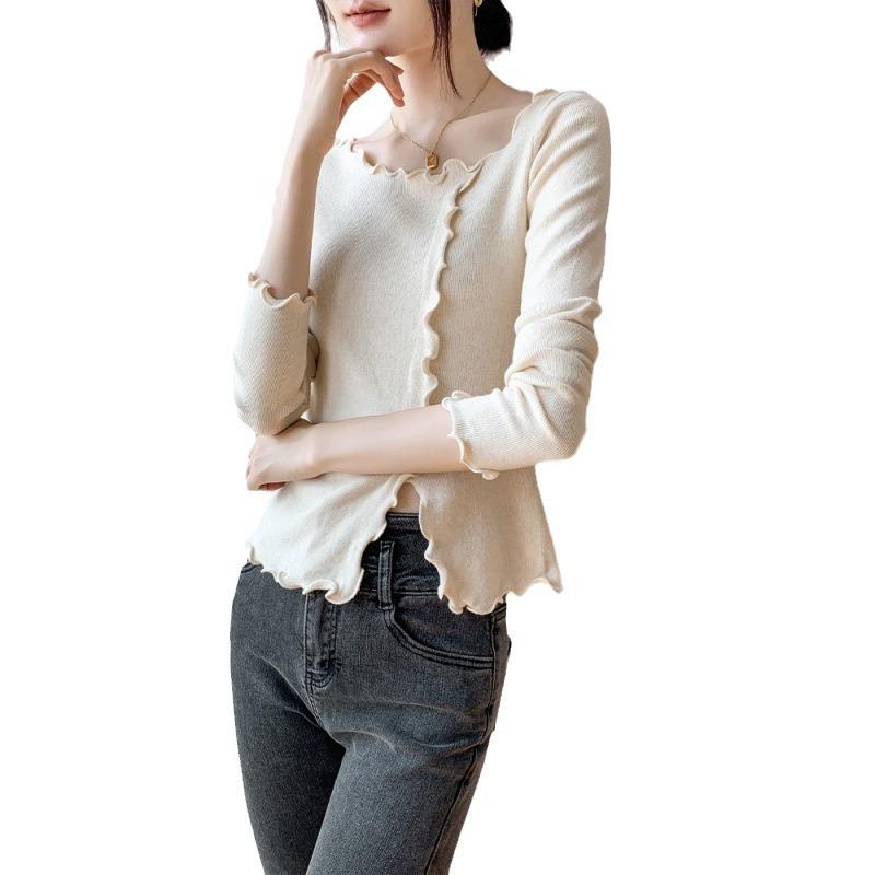 Fungus edge exposed collarbone solid color bottoming shirt women's clothing autumn new slim and thin top knitted sweater