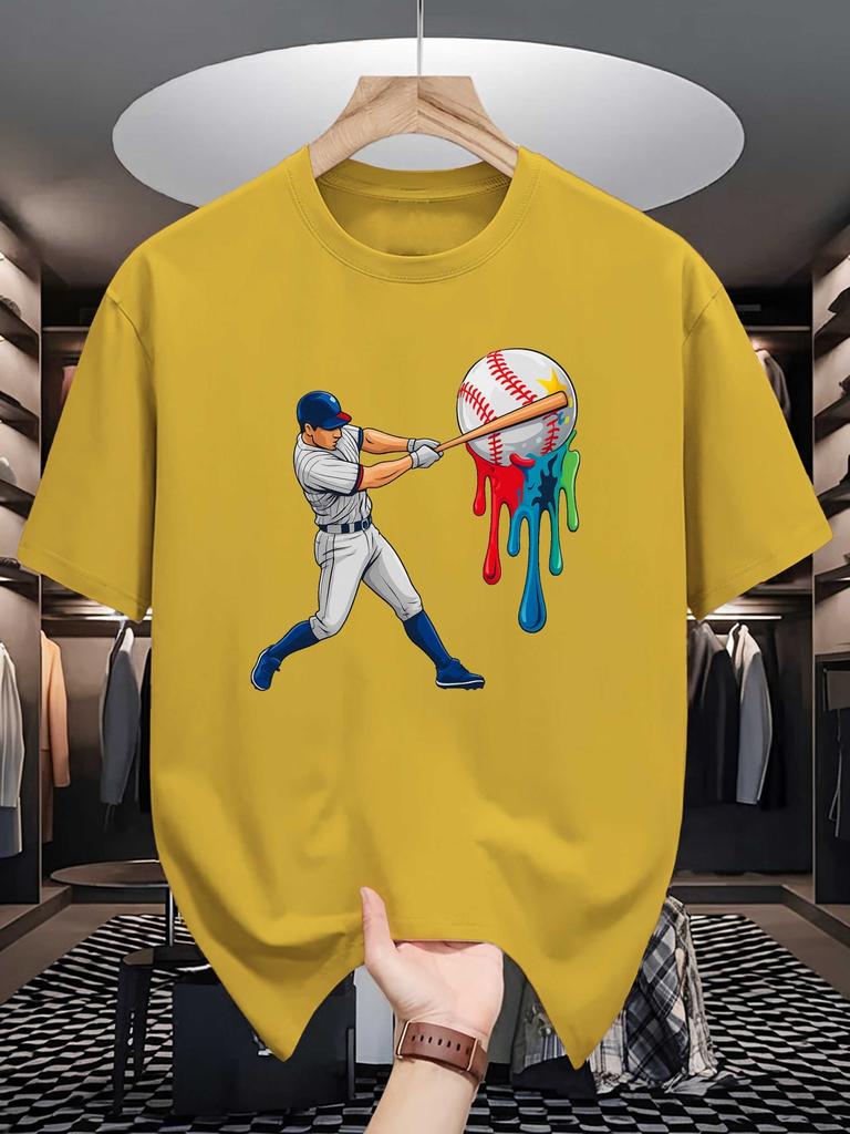 Unisex Crew Neck Tee Baseball Drip Paint Athlete Graphic Print Soft Cotton Loose Short Sleeve Summer Casual Male Streetwear Tops
