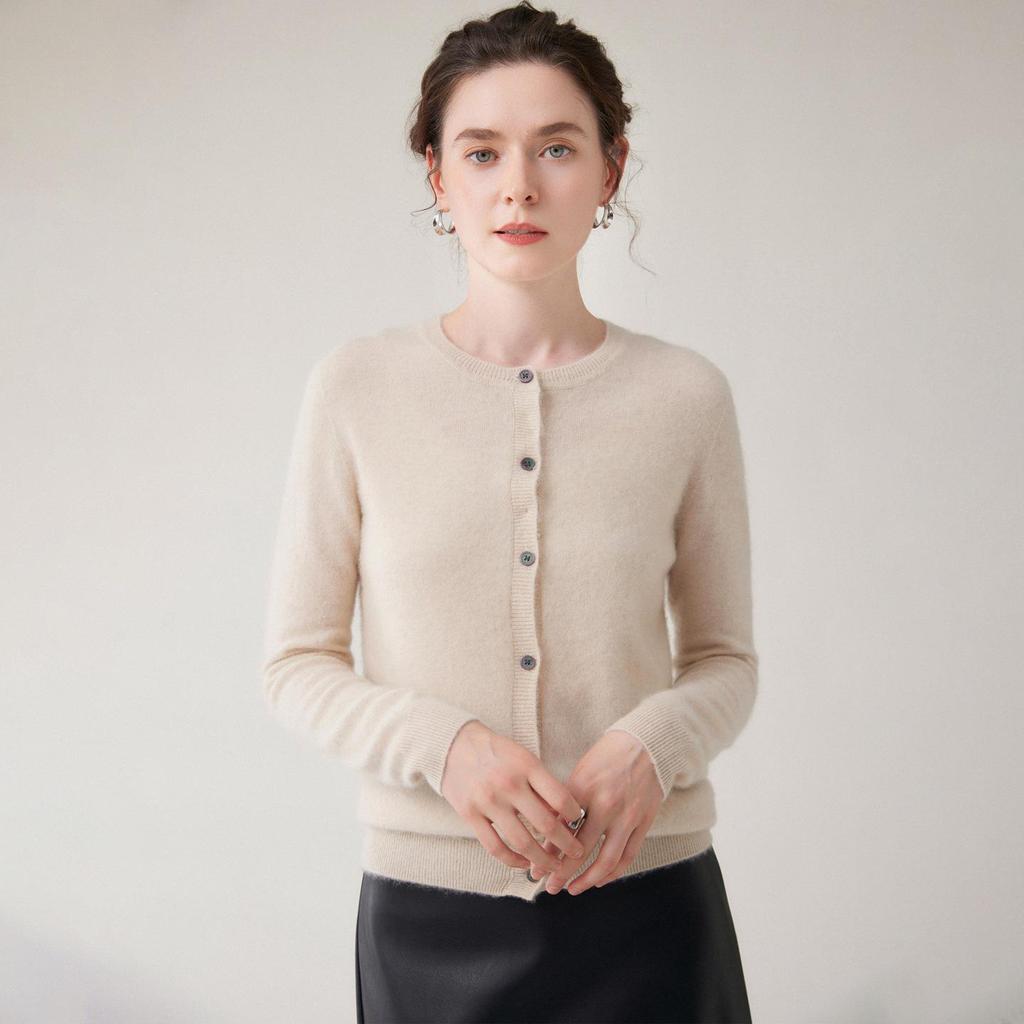 2026 Spring/Autumn Women's Baby Cashmere Round Neck Loose Knit Cardigan Sweater