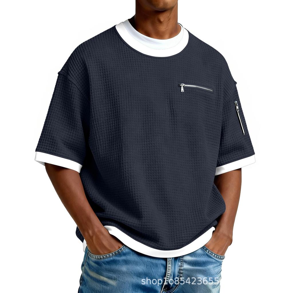 Simple Waffle-patterned Faux Two-piece Casual Short-sleeve T-shirt, Solid Color, New Men's Fashion, Color-blocking Top