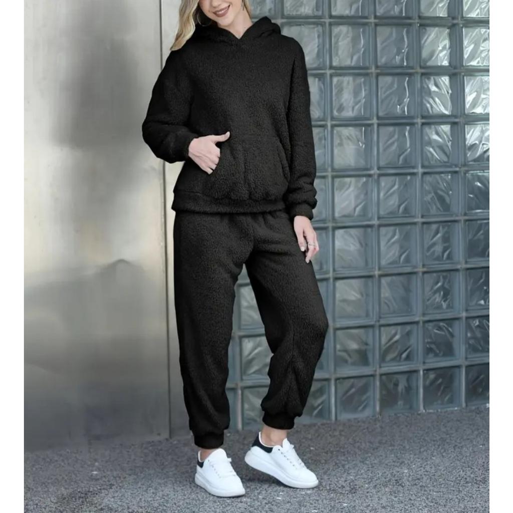 Autumn and Winter Solid Color Women's Clothing, Hooded Long Sleeved Patch Pocket Casual Pants Home Two-piece Set