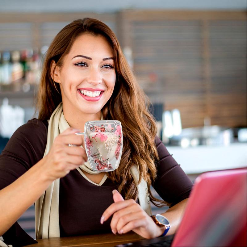 350ml Double Wall Coffee Mug With Handles Clear Milk Cups Gifts Artificial Flower Glass Cup for Milk Tea Juice Hot Cold Beverage