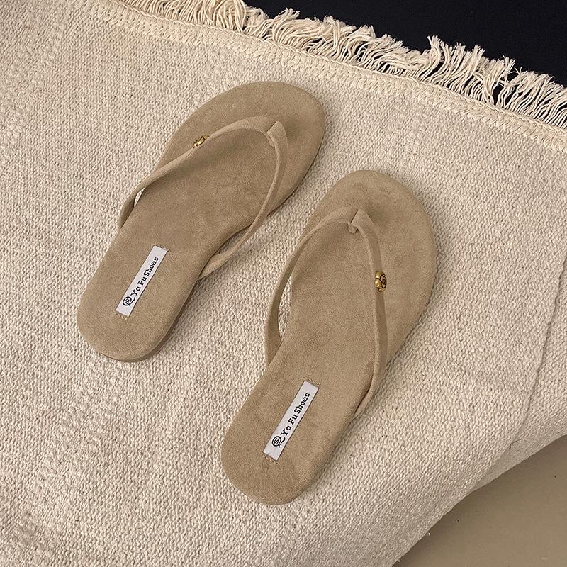 

Flat bottom suede flip-flops women s outer wear 2025 summer new versatile beach toe sandals women s shoes 40 хаки