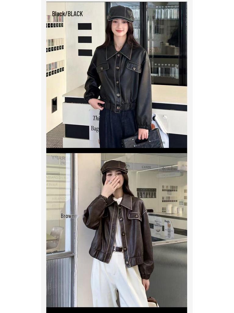2025 Women's Retro Distressed Leather Jacket - Spring/Autumn Short Style with Motorcycle Lapel