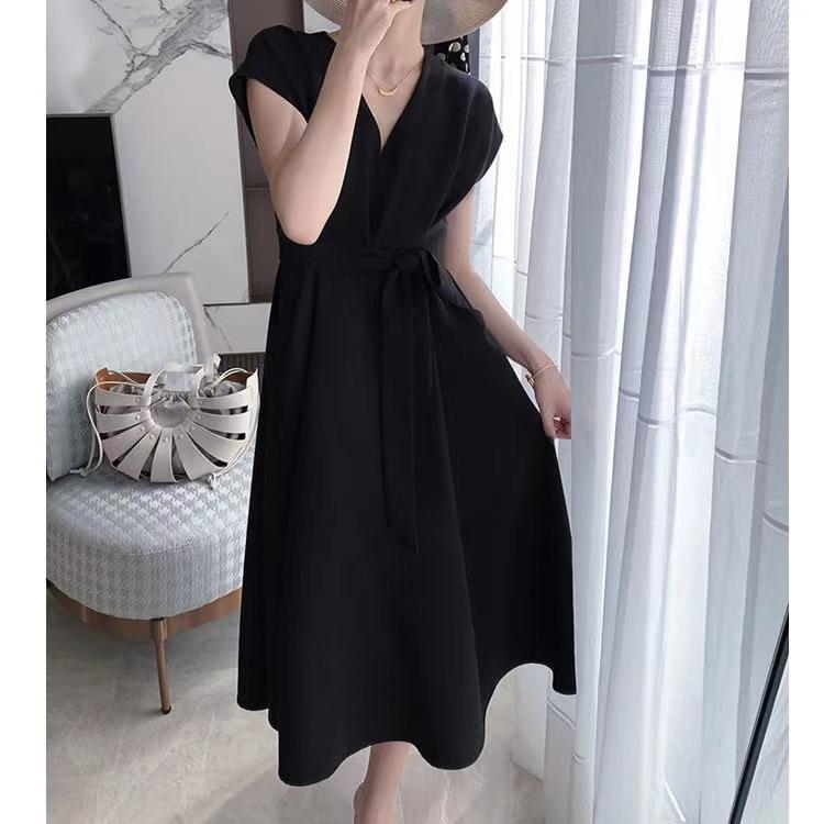 Hepburn style pocket skirt French temperament high waist dress women's spring and summer chic elegant apricot lace-up medium and long dress