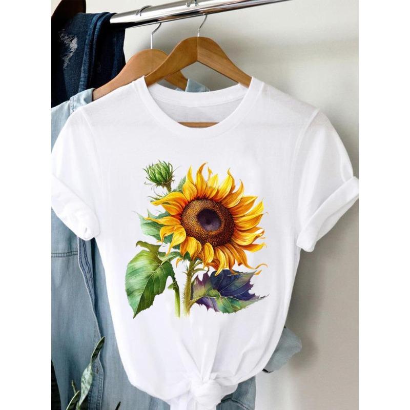 

(European Size) Fashion Women Tee Top Valentine Flower Truck Short Sleeve Print Lady Clothing Casual T-shirt Female Graphic T-shirts 4XL