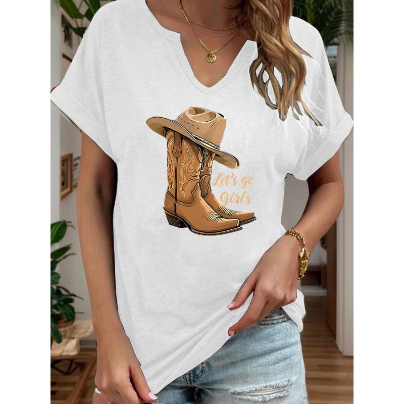 Let's Go Girls Cowboy Boots Letter Print Women T Shirt Short Roll-up Sleeve V-Neck Summer Casual Top T-shirts for Women